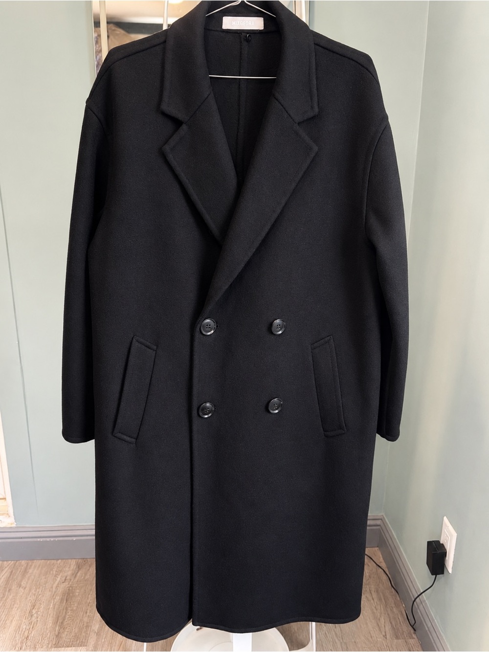 100% Wool Long Black Coat Oversized Double Breasted